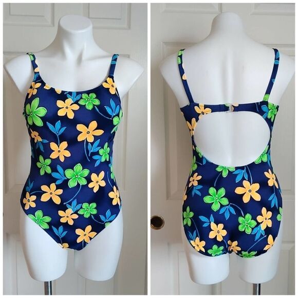 Vintage 90s Leilani navy floral one-piece swimsuit sz 10 - Picture 1 of 10
